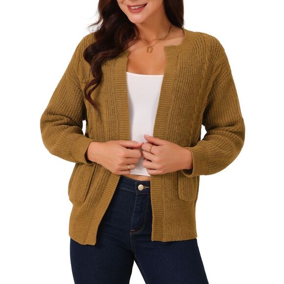Sweater Open Front Long Sleeve Knitted Casual Cardigan with Pockets Brown - Picture 1 of 5
